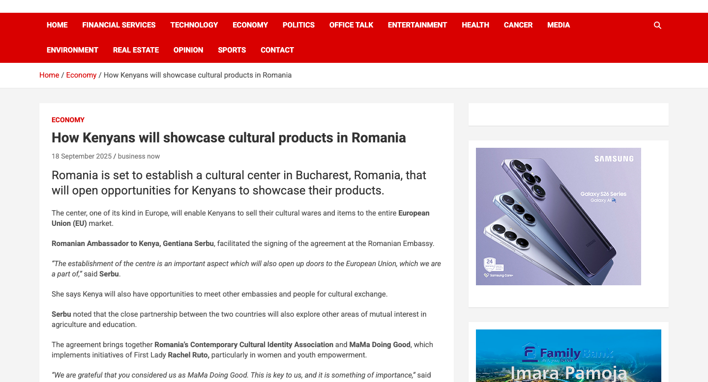Business Now article, 'How Kenyans will showcase cultural products in Romania,' published 18 September 2025