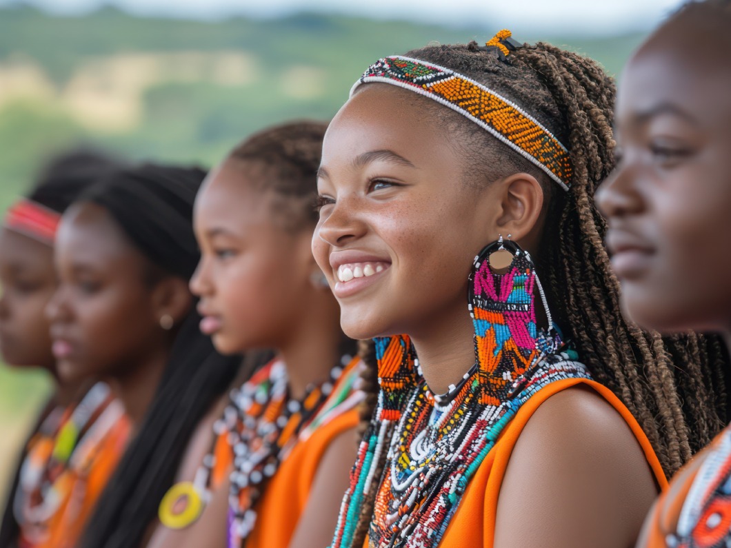 Young Maasai women in beaded headdresses and jewellery at a Kenyan cultural gathering